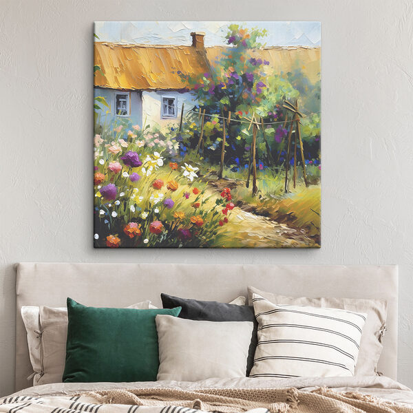 A painting of a house and flowers A painting of a house and flowers