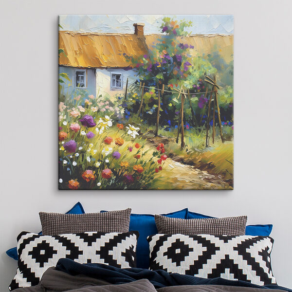 A painting of a house and flowers A painting of a house and flowers