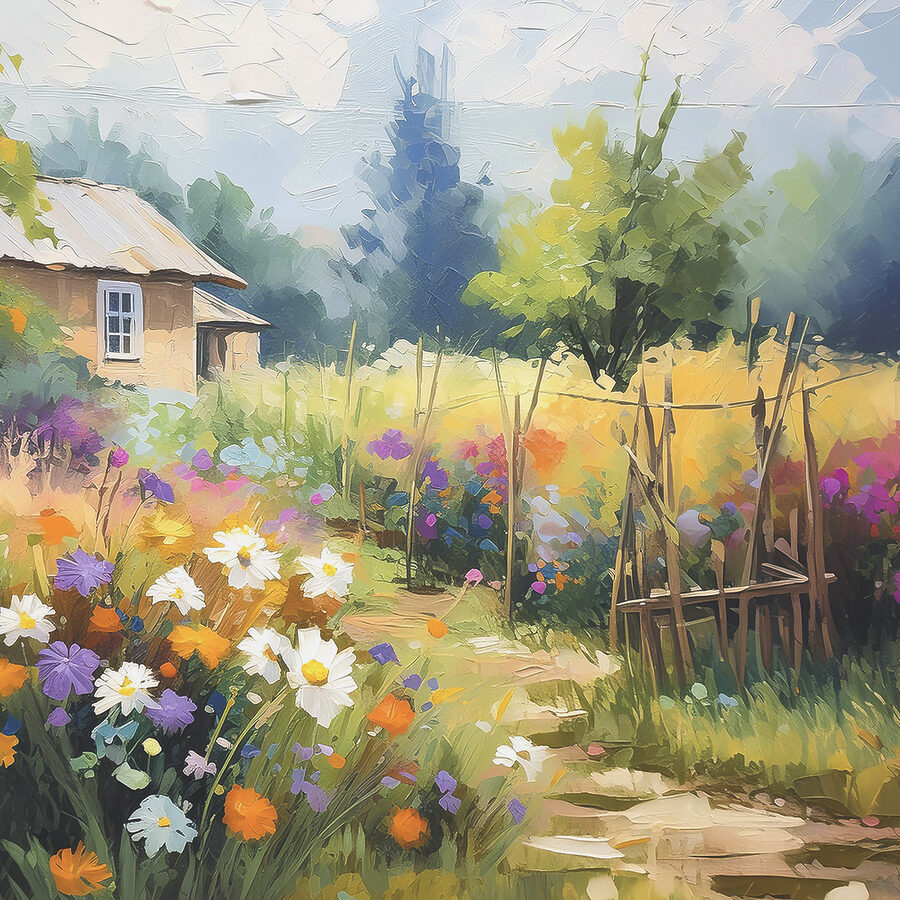 A painting of a house and flowers A painting of a house and flowers
