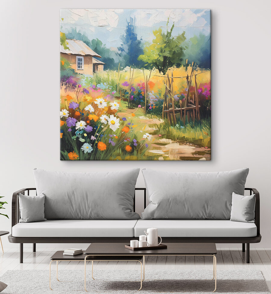 A painting of a house and flowers A painting of a house and flowers