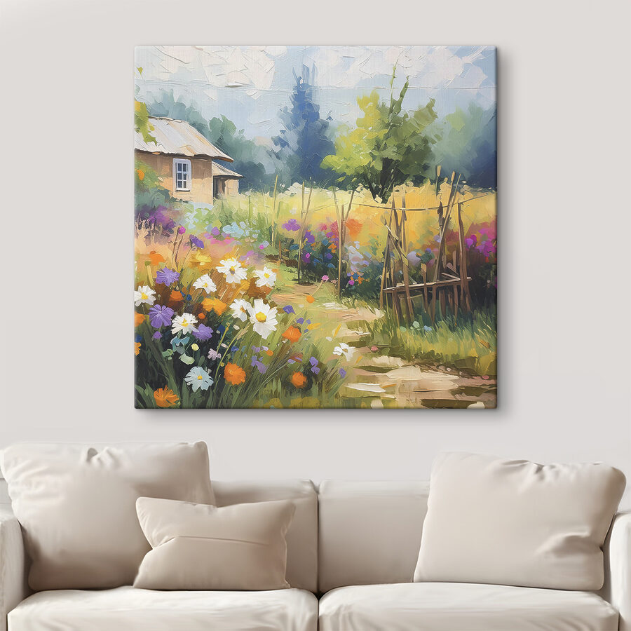 A painting of a house and flowers A painting of a house and flowers