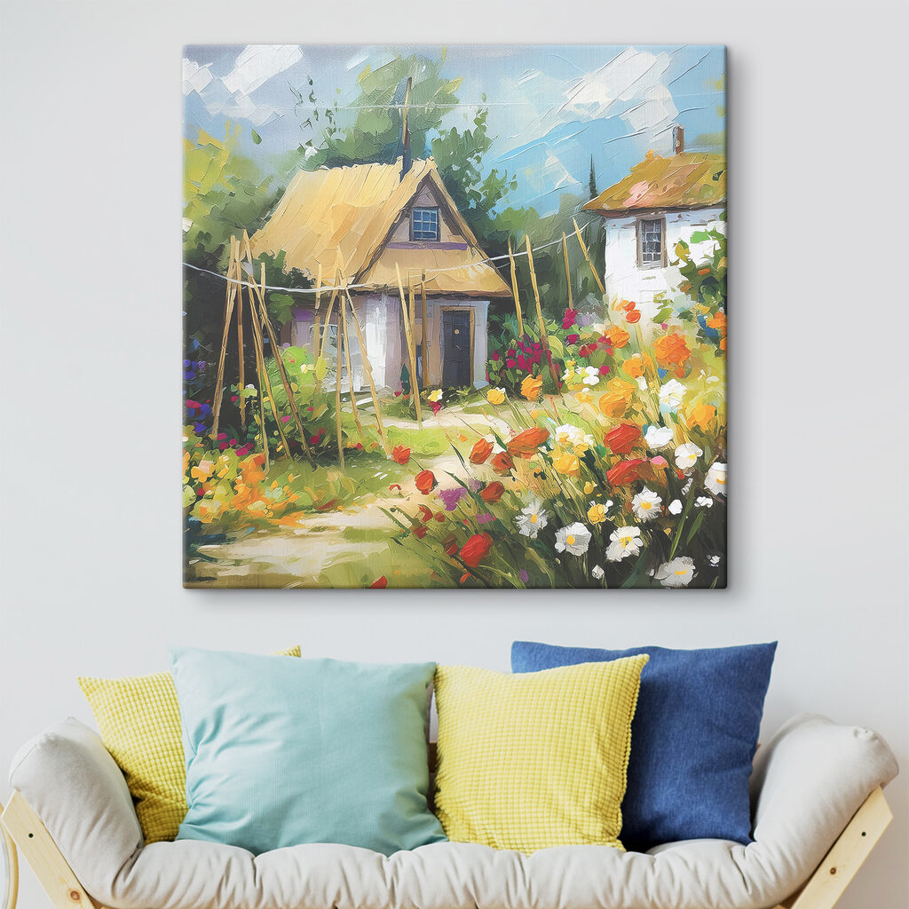 A painting of a house with flowers A painting of a house with flowers