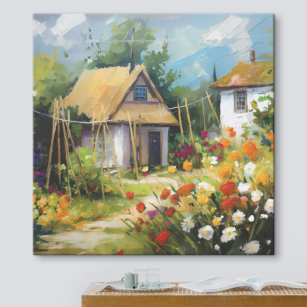 A painting of a house with flowers A painting of a house with flowers
