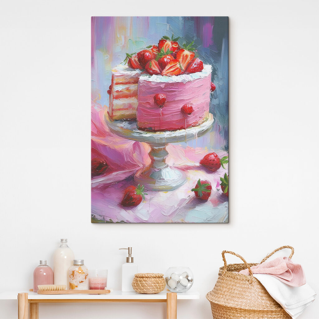 A painting of a cake with strawberries on top