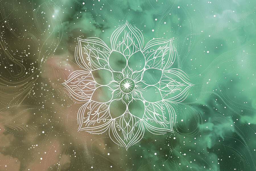 A white mandala on a green and blue background A white mandala on a green and blue background