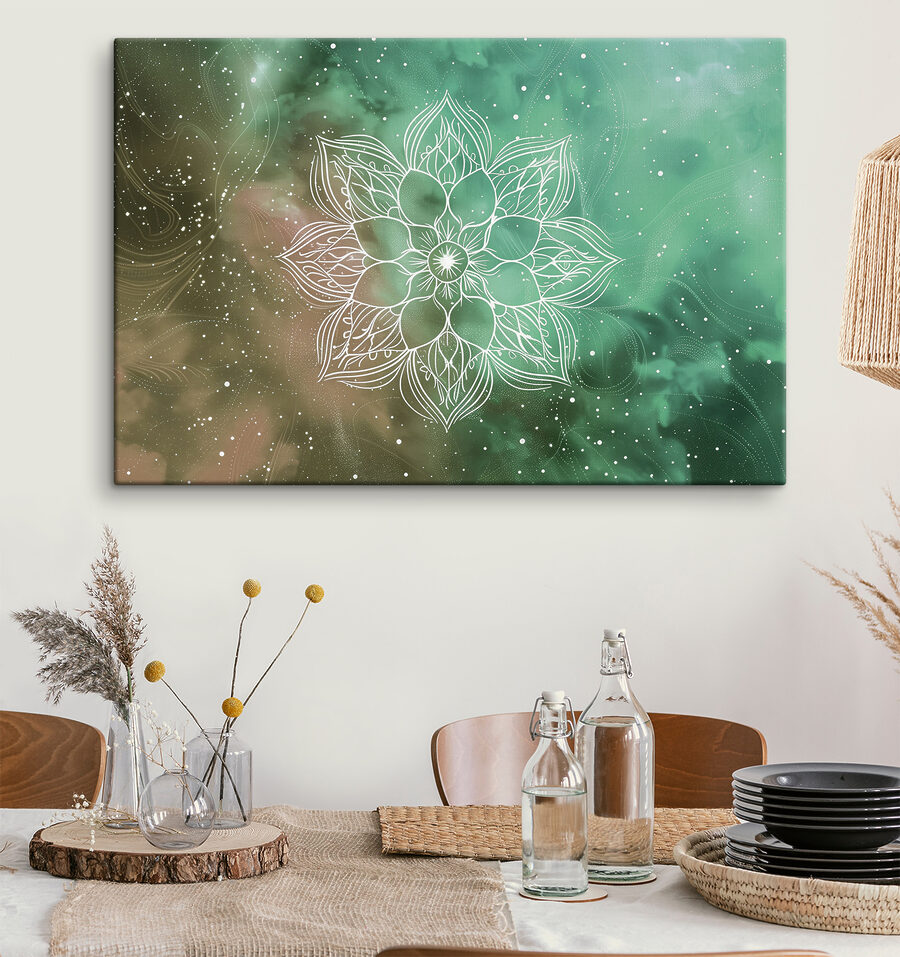 A white mandala on a green and blue background A white mandala on a green and blue background