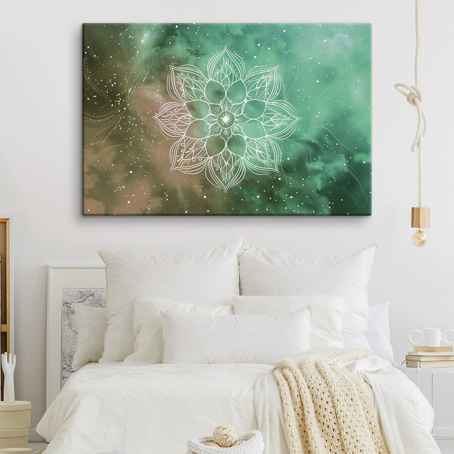 A white mandala on a green and blue background A white mandala on a green and blue background