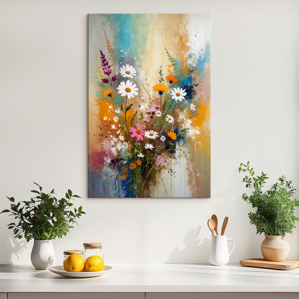 A painting of flowers and leaves