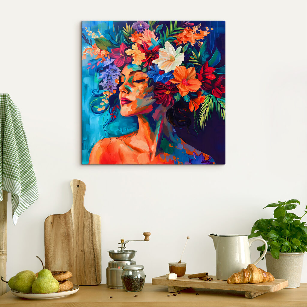 A painting of a woman with flowers in her hair A painting of a woman with flowers in her hair
