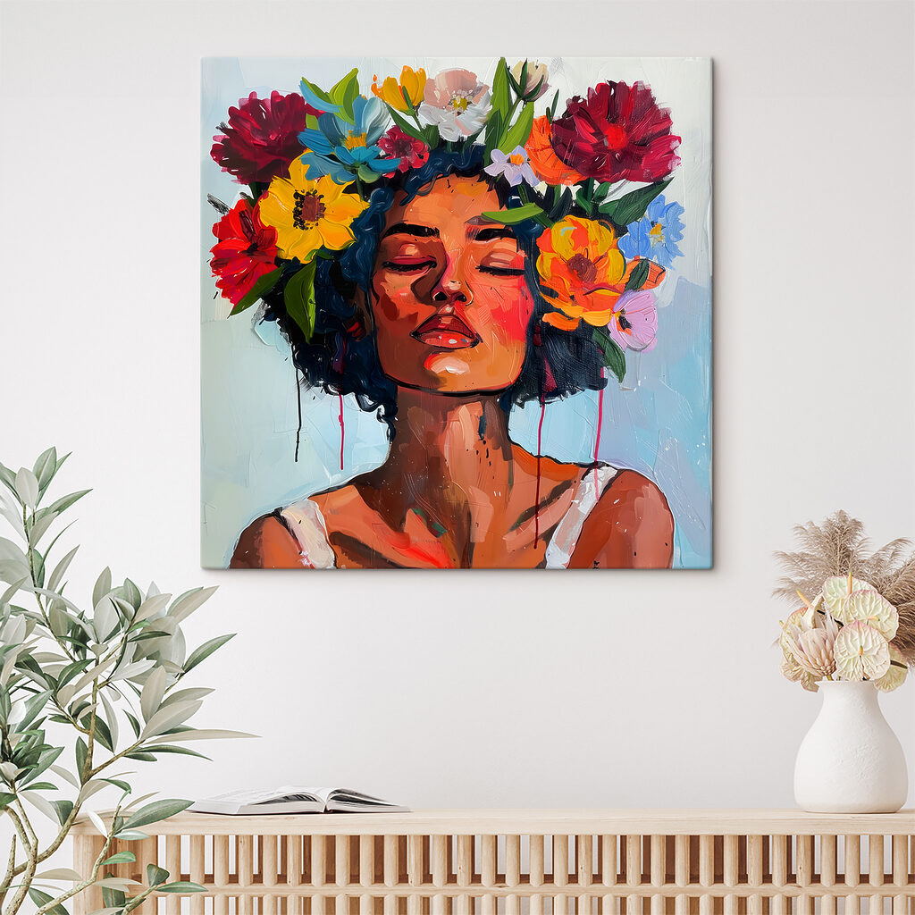A painting of a woman with flowers in her hair A painting of a woman with flowers in her hair
