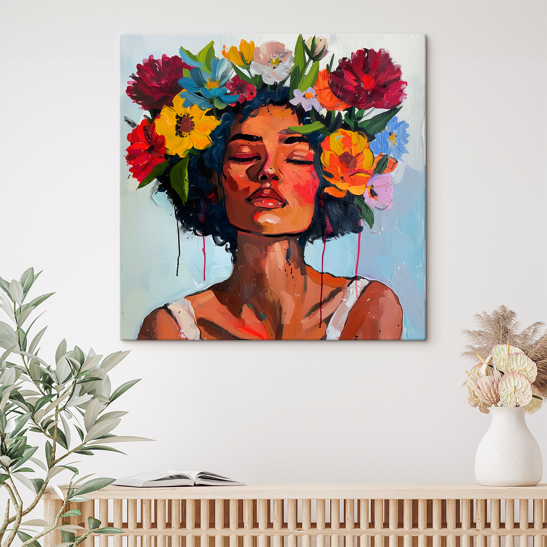 A painting of a woman with flowers in her hair A painting of a woman with flowers in her hair