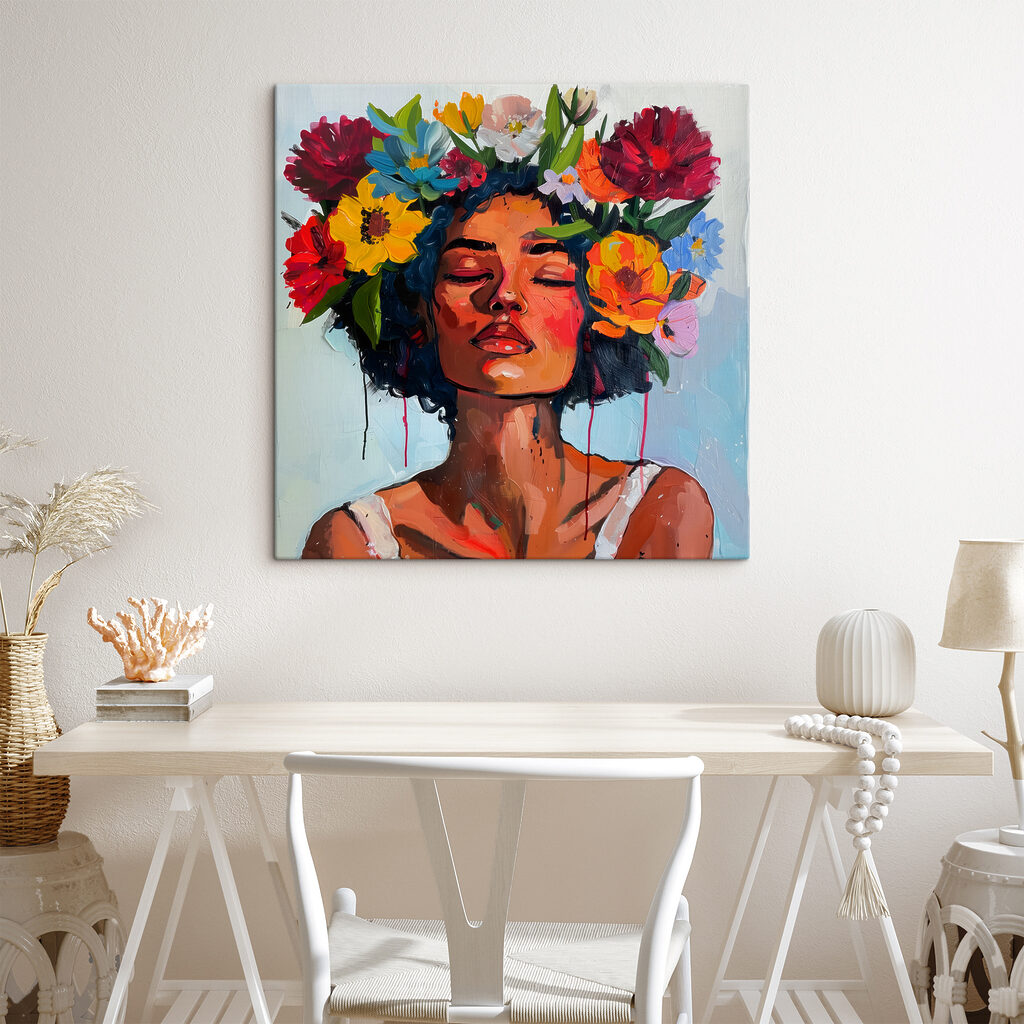 A painting of a woman with flowers in her hair A painting of a woman with flowers in her hair