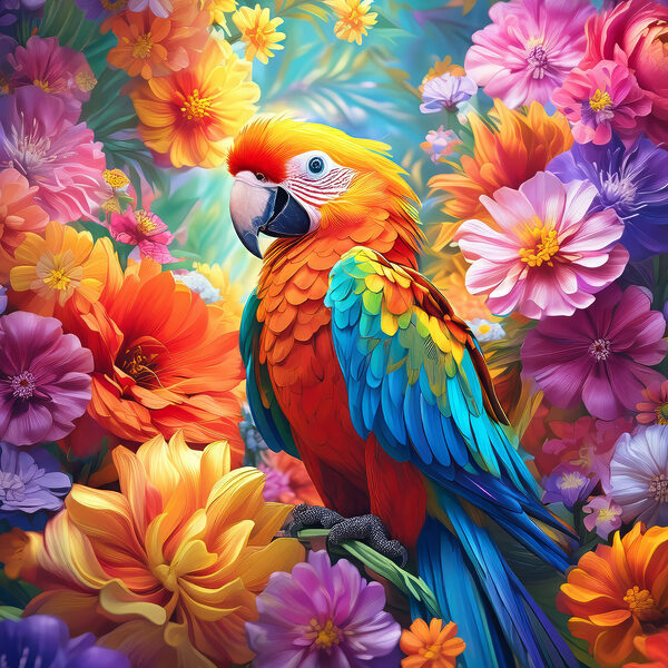 A colorful bird sitting on a branch surrounded by flowers A colorful bird sitting on a branch surrounded by flowers