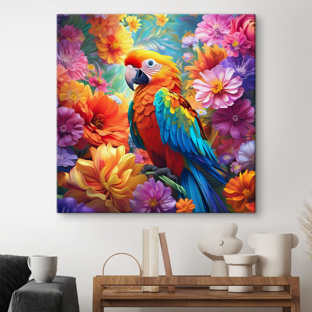A colorful bird sitting on a branch surrounded by flowers A colorful bird sitting on a branch surrounded by flowers