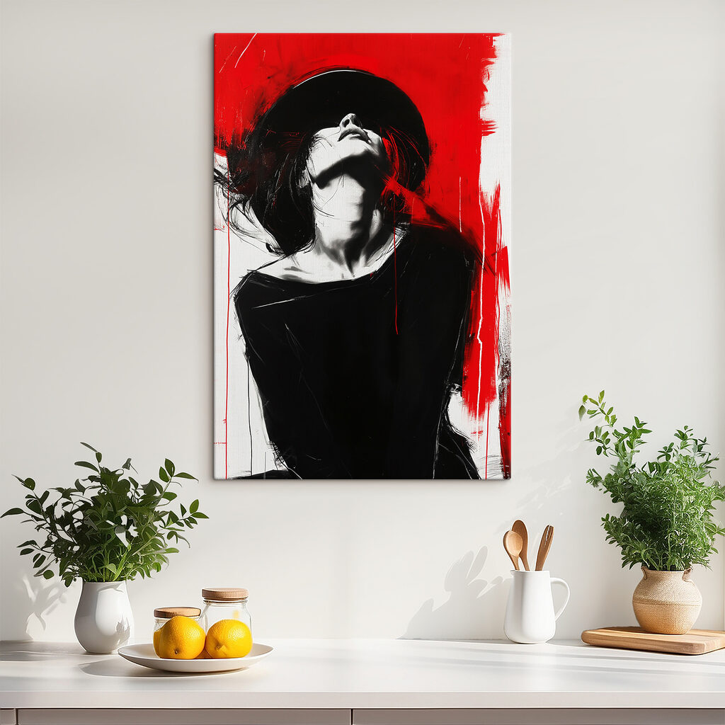 A woman with black hat and red background A woman with black hat and red background