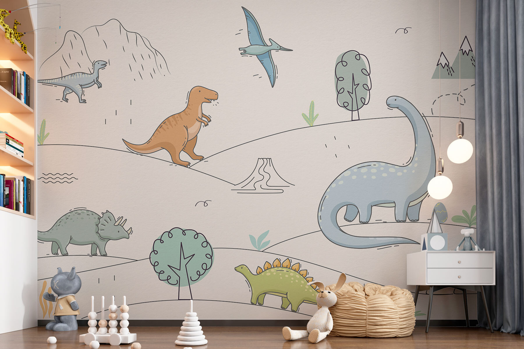 A drawing of dinosaurs and mountains