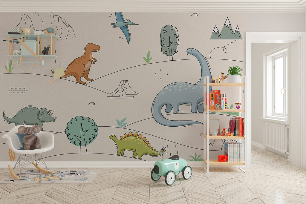 A drawing of dinosaurs and mountains