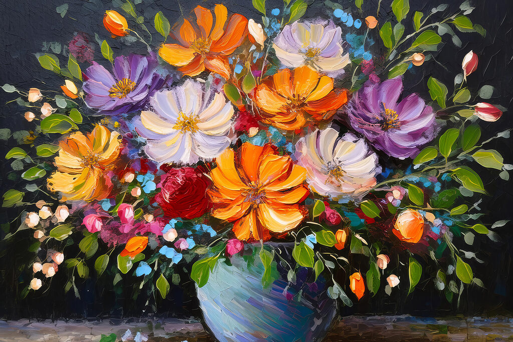 A painting of flowers in a blue vase