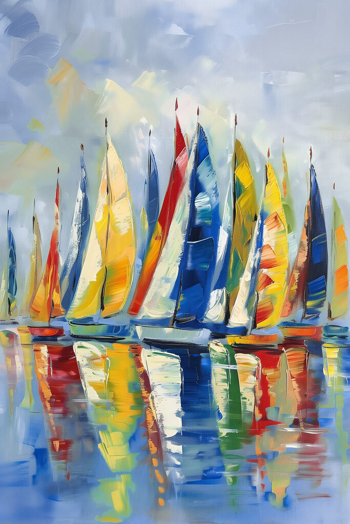 A painting of sailboats on water