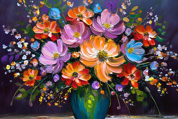 A painting of flowers in a vase A painting of flowers in a vase