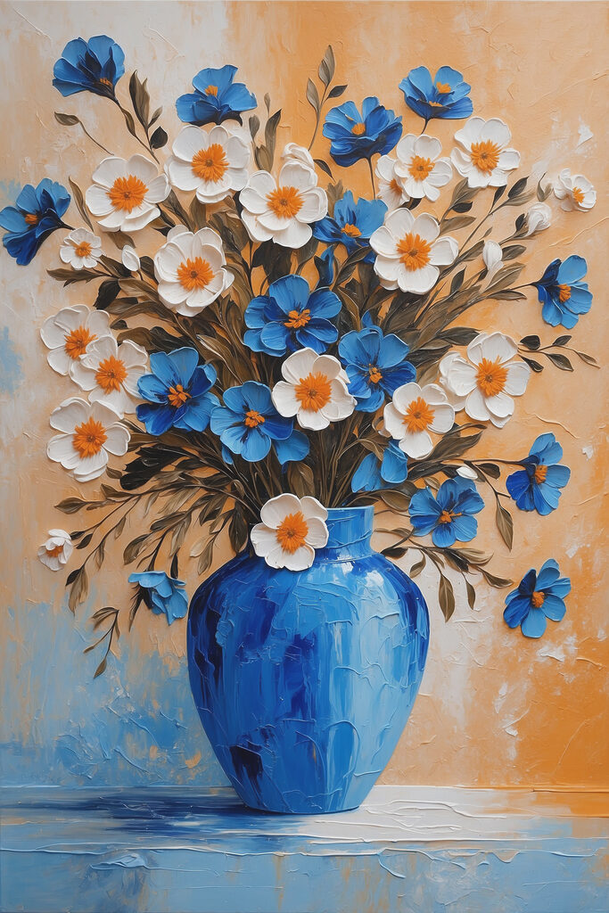 A painting of flowers in a blue vase A painting of flowers in a blue vase