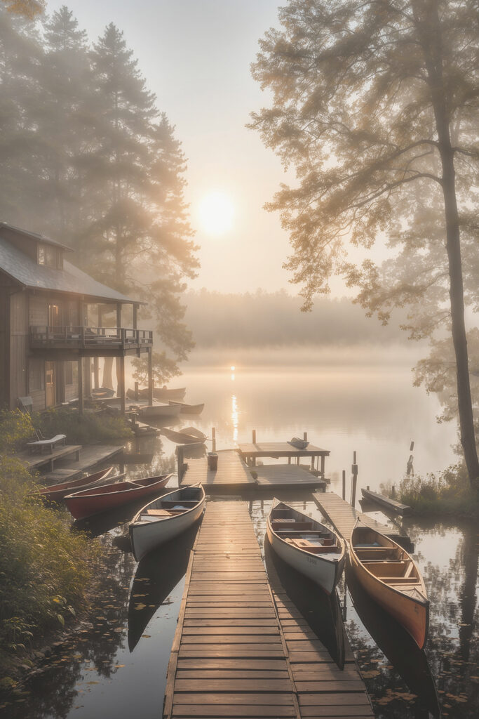 A dock with boats and a house on the water A dock with boats and a house on the water