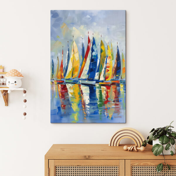 A painting of sailboats on water A painting of sailboats on water