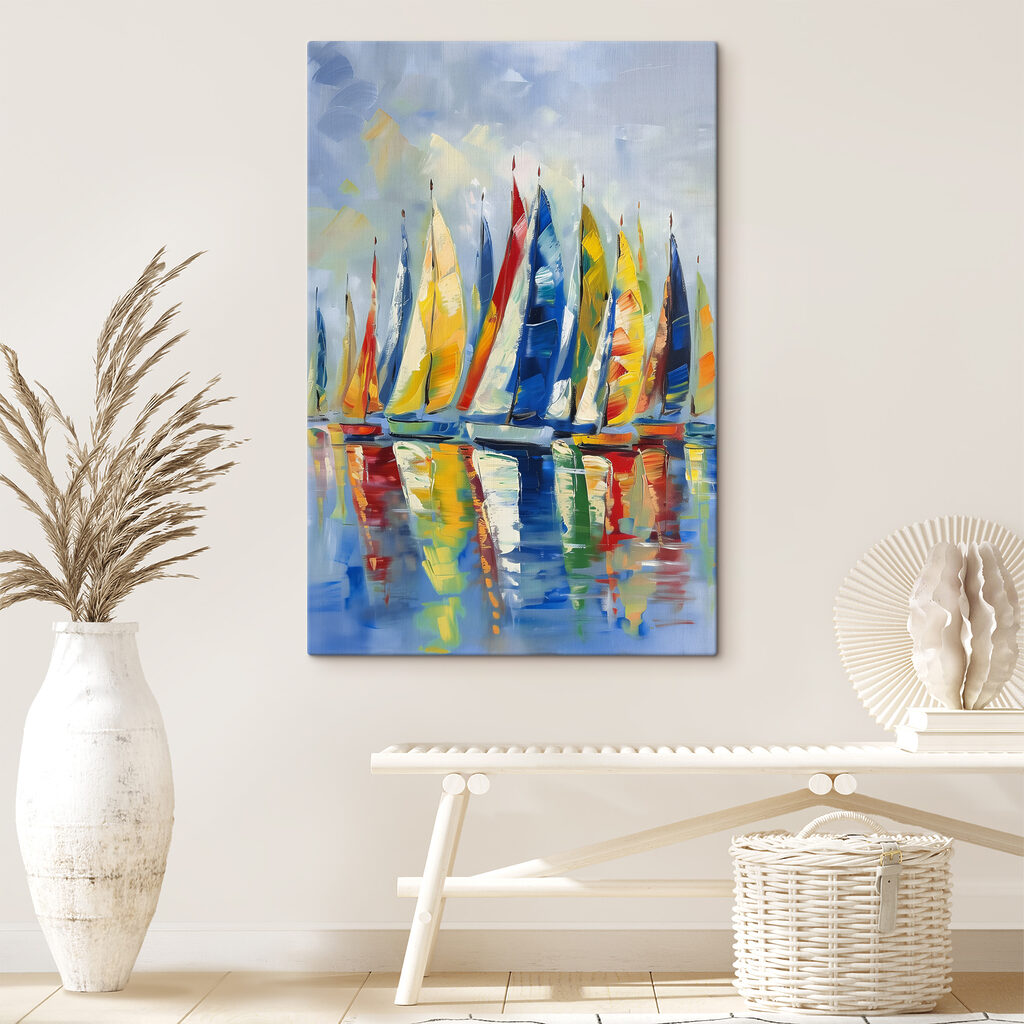A painting of sailboats on water