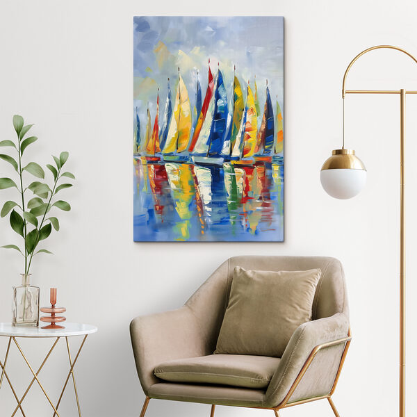 A painting of sailboats on water A painting of sailboats on water