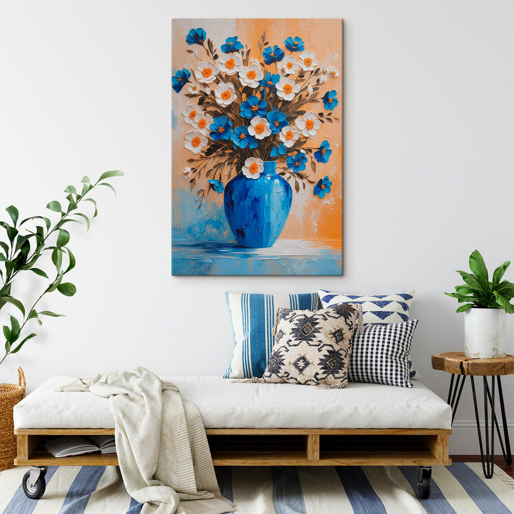 A painting of flowers in a blue vase A painting of flowers in a blue vase