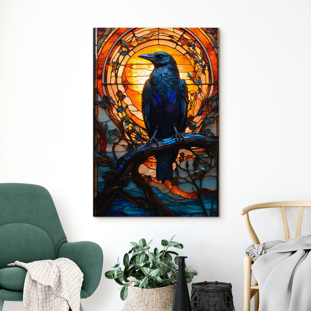 A stained glass window with a bird on a branch A stained glass window with a bird on a branch