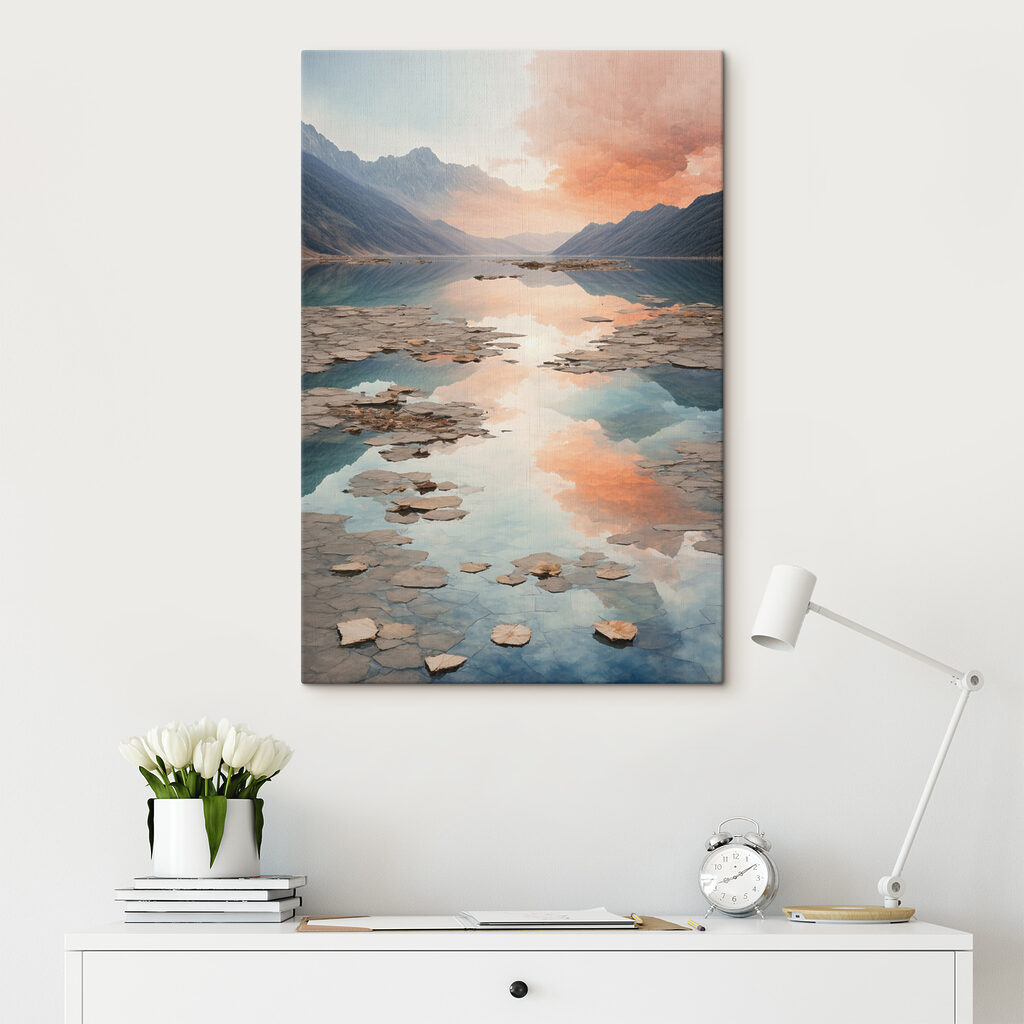 A lake with rocky mountains and clouds