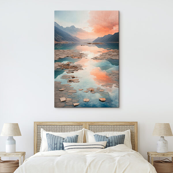 A lake with rocky mountains and clouds