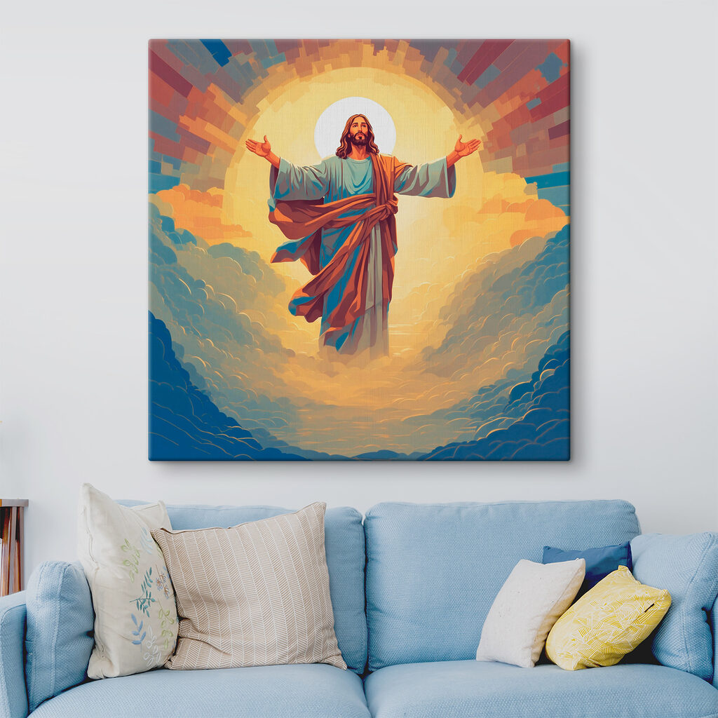 A painting of a man in a robe with his arms out in the air