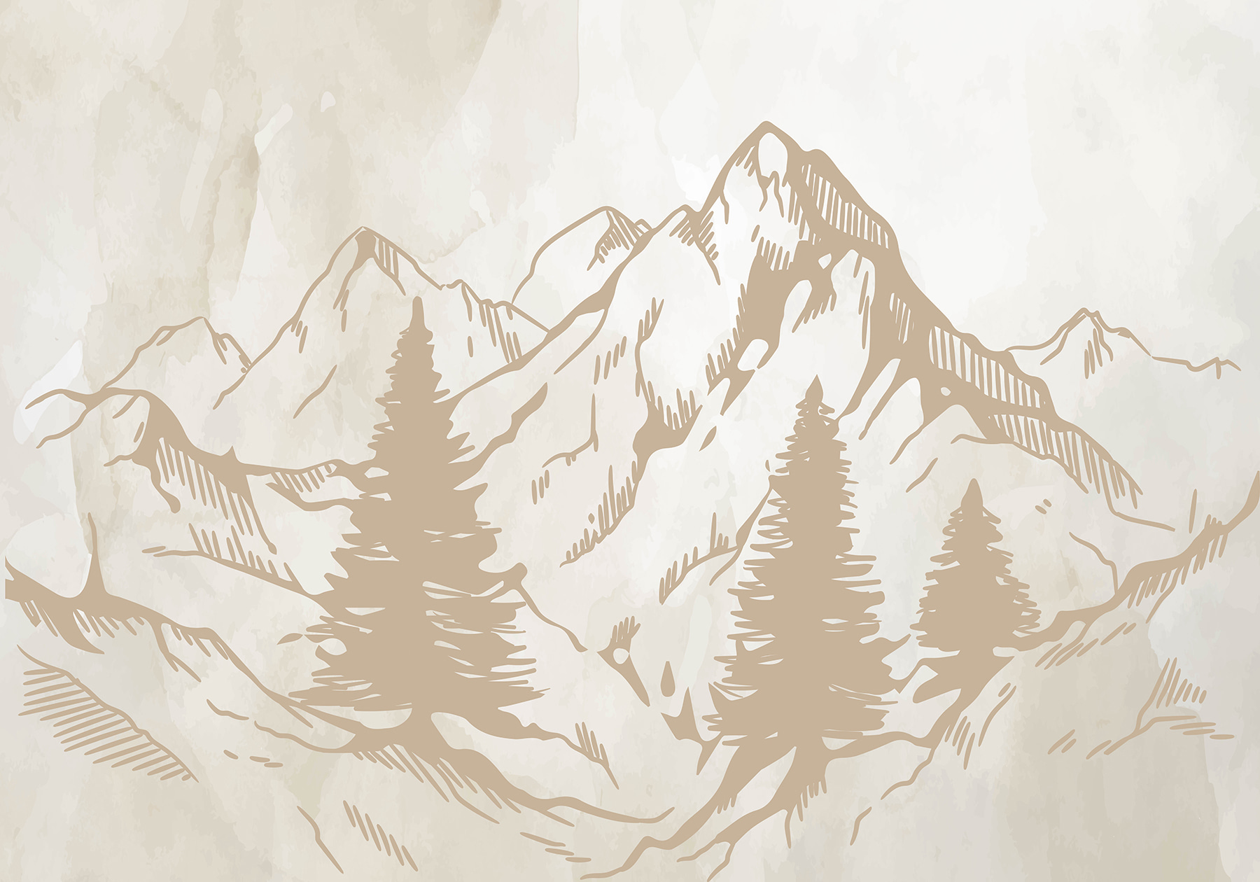 A drawing of mountains and trees