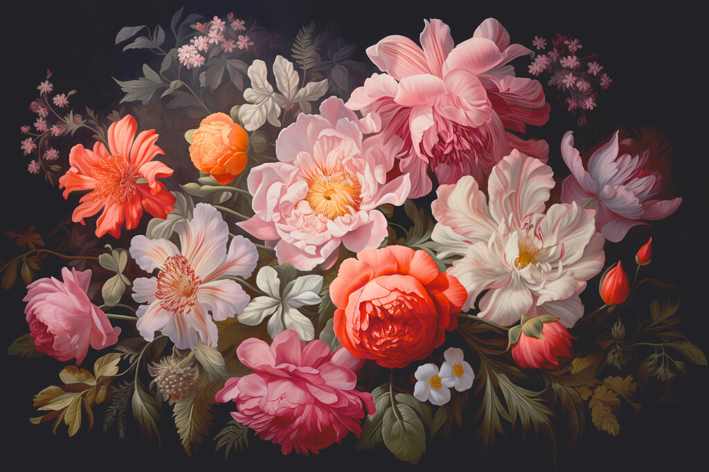 A painting of flowers on a black background