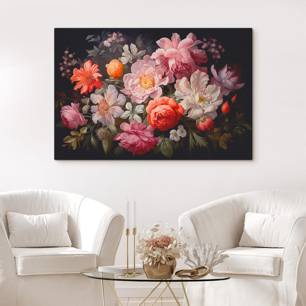 A painting of flowers on a black background