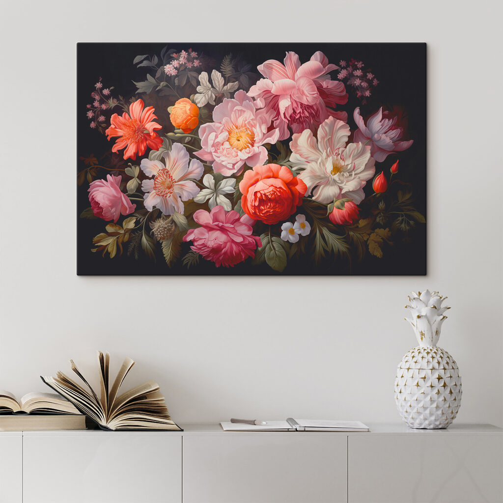 A painting of flowers on a black background