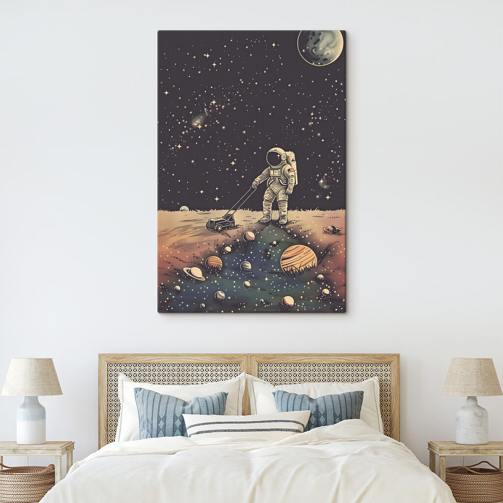 A astronaut pulling a lawnmower in space