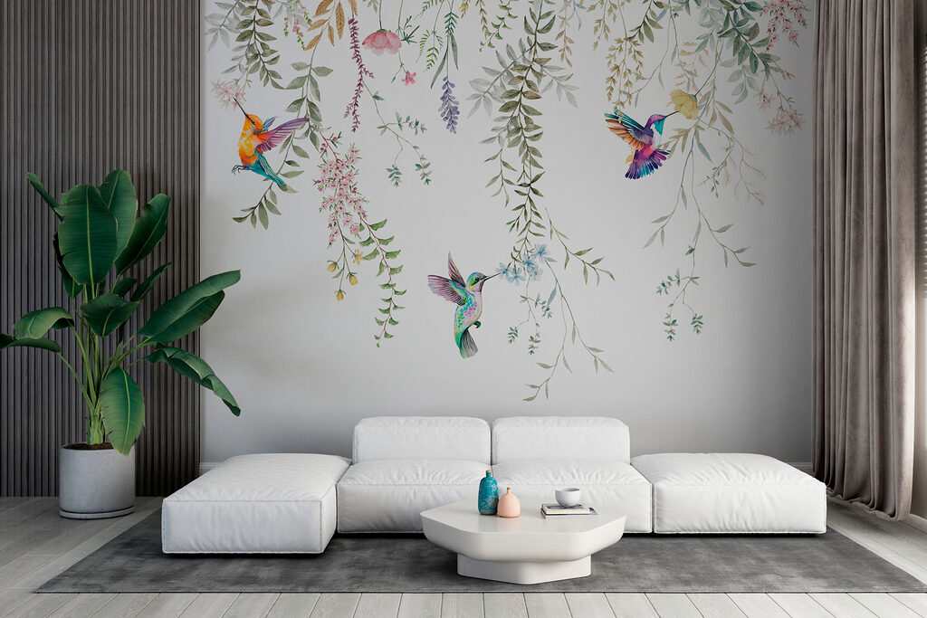 A painting of birds and flowers A painting of birds and flowers