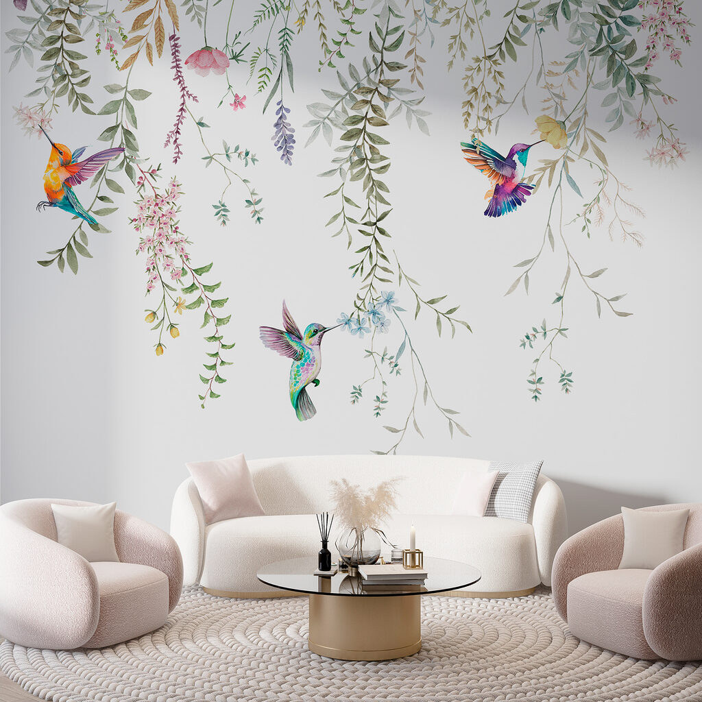 A painting of birds and flowers A painting of birds and flowers