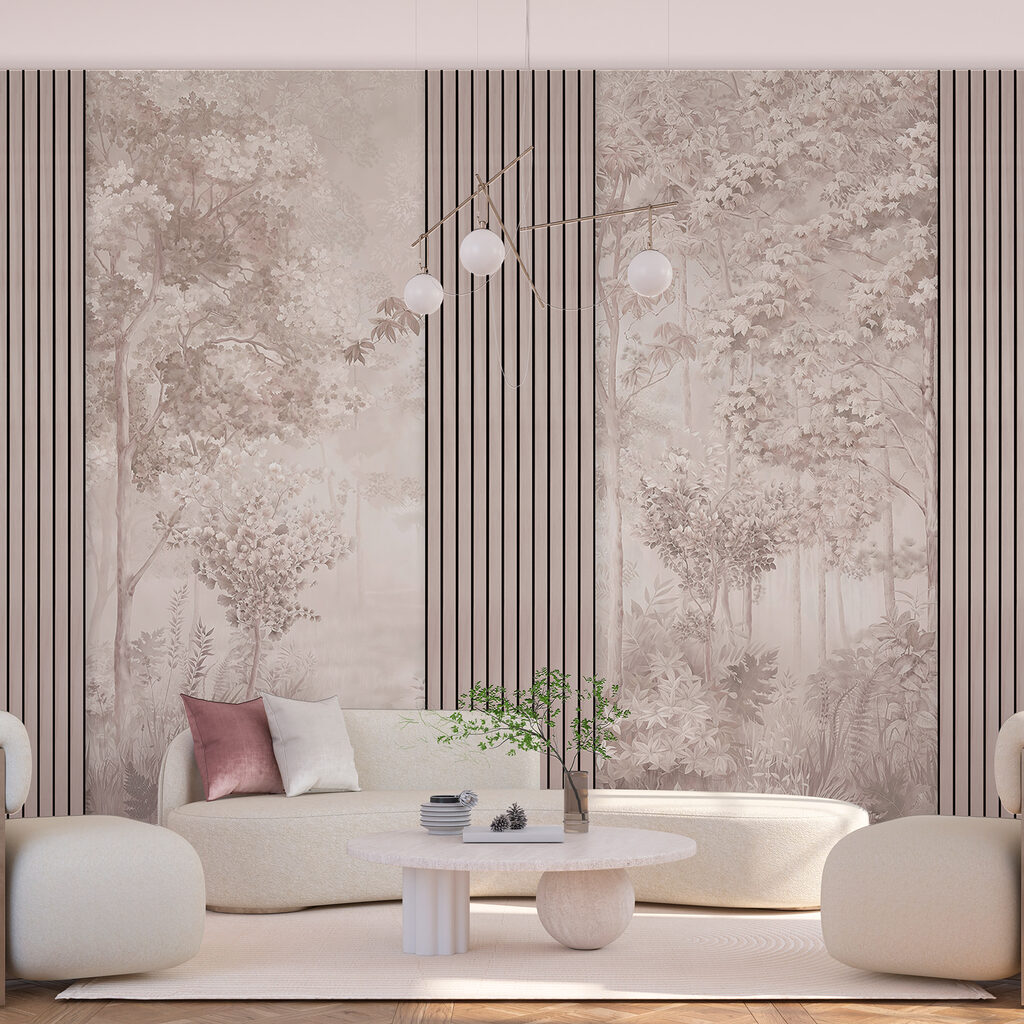 A wallpaper with trees and flowers