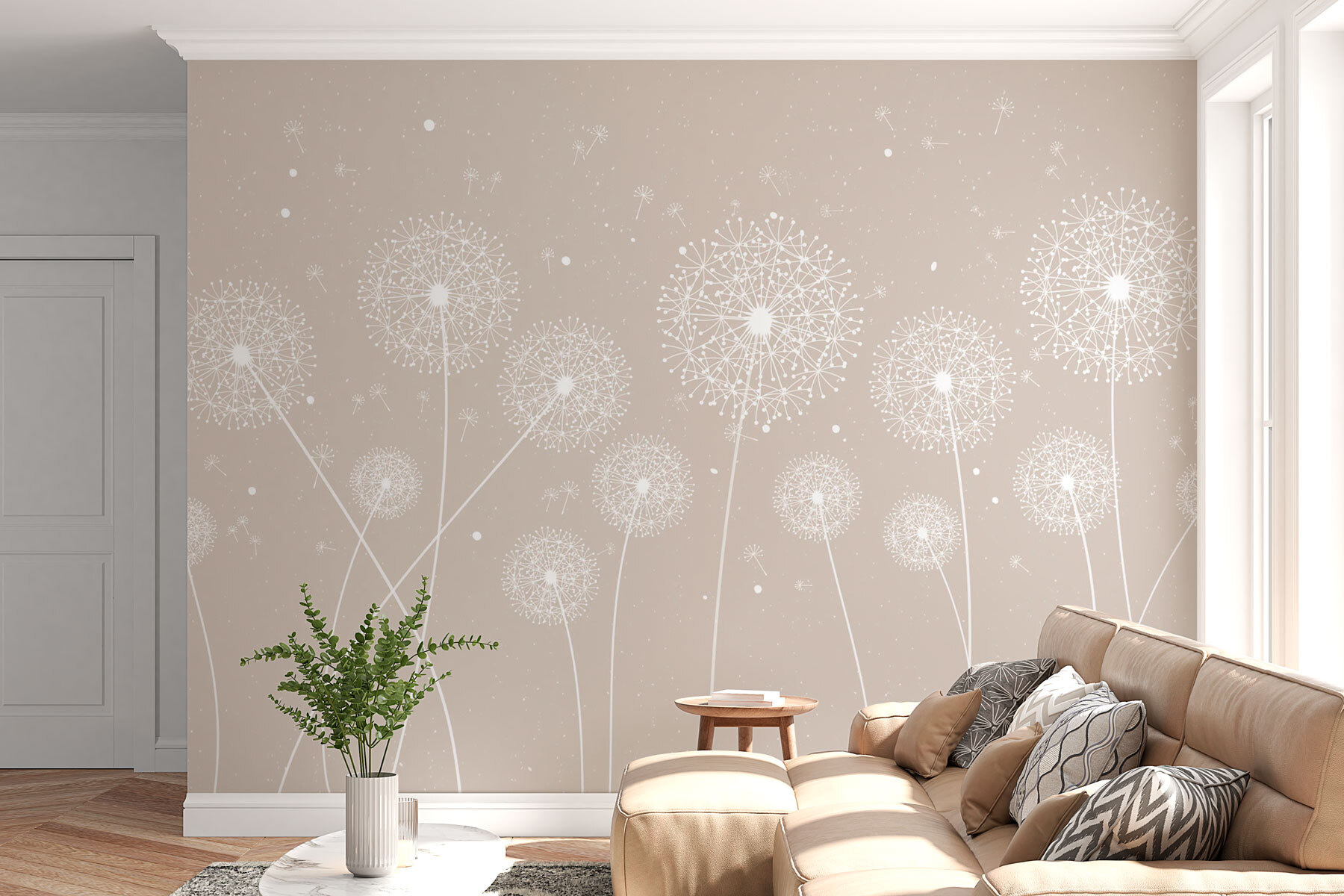 A white dandelions on a grey background A white dandelions on a grey background