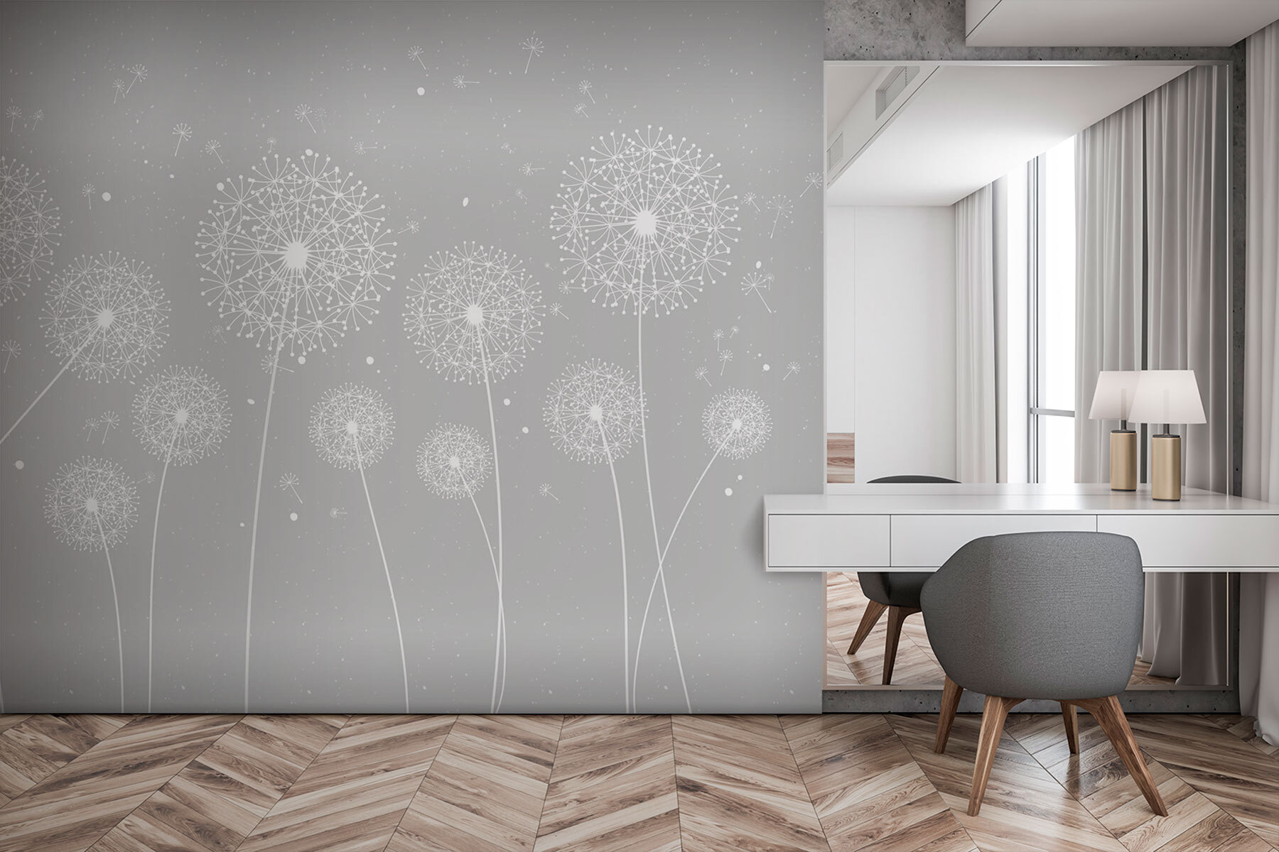 A white dandelions on a grey background A white dandelions on a grey background