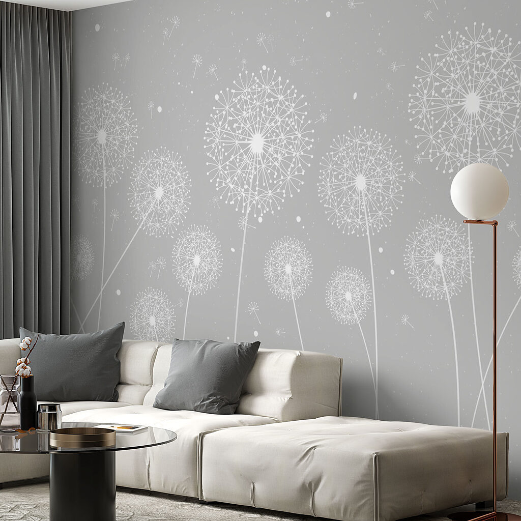 A white dandelions on a grey background A white dandelions on a grey background