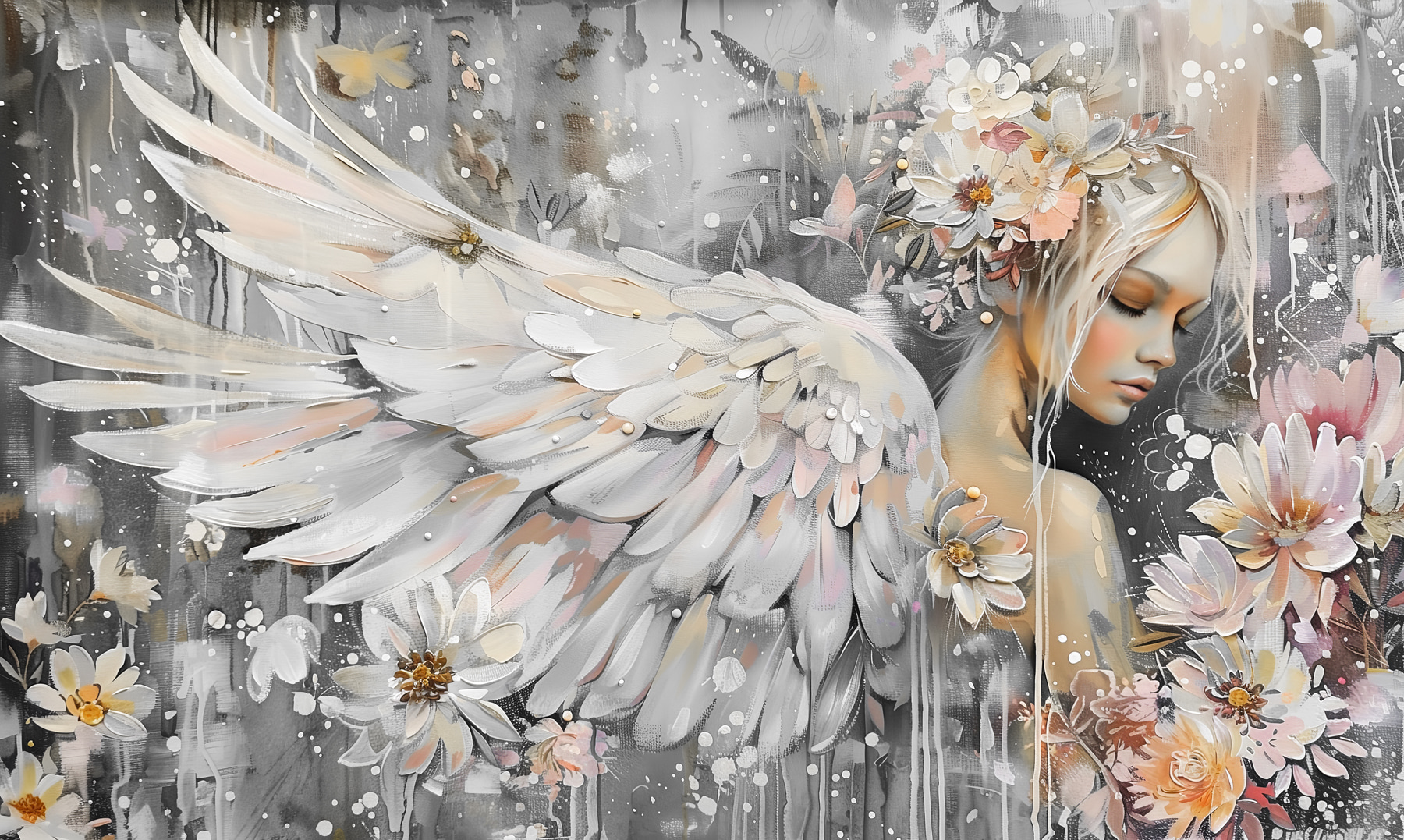 A painting of a woman with wings and flowers A painting of a woman with wings and flowers