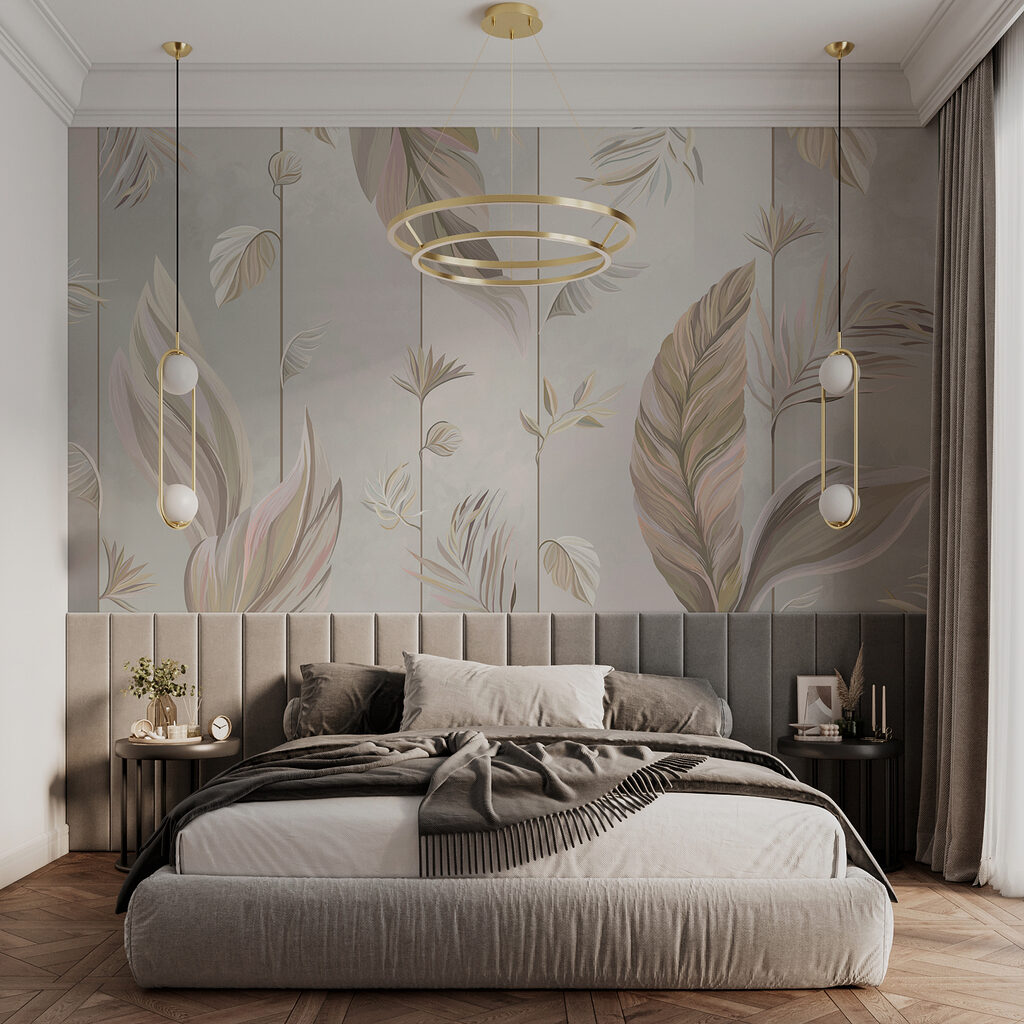 A wallpaper with leaves and flowers