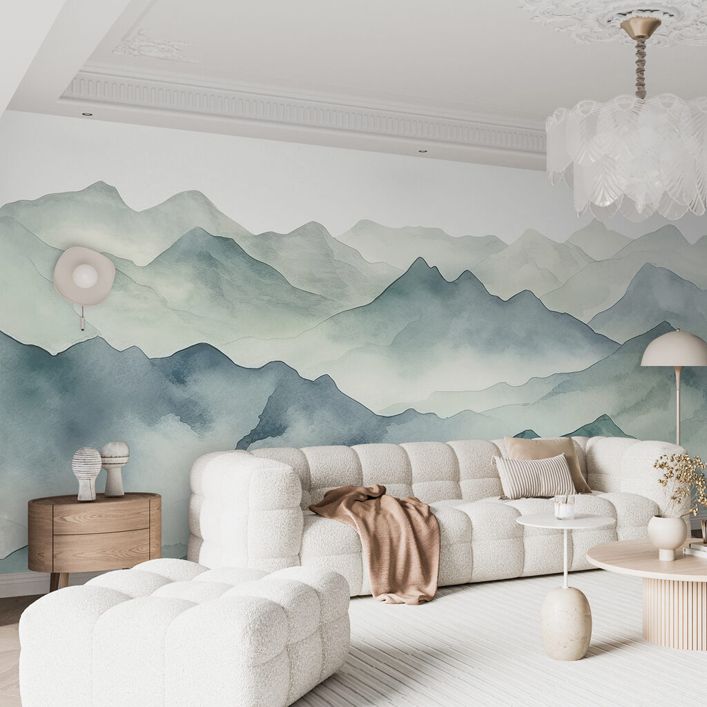 A watercolor of mountains and fog