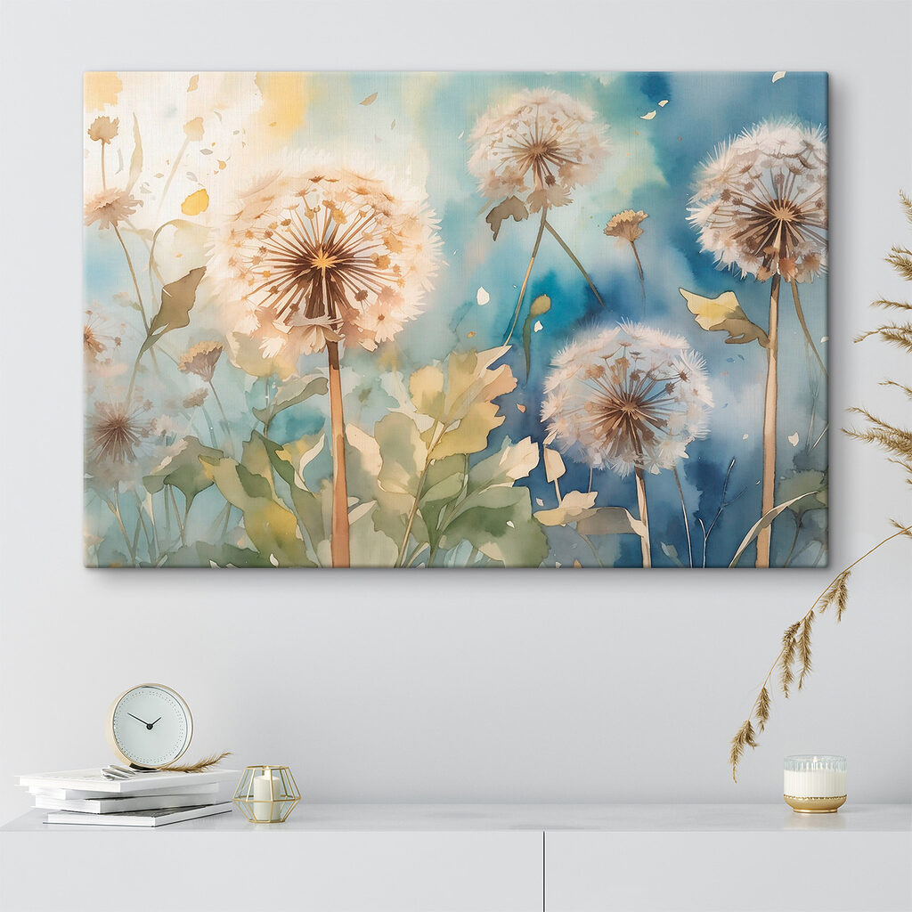 A watercolor painting of dandelions