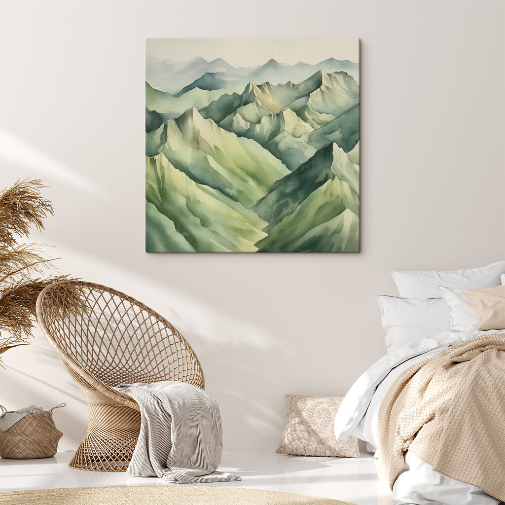 A painting of mountains with fog